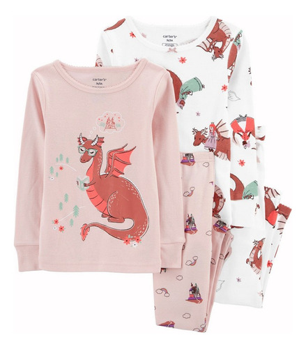 2 Pijamas Dragones Bebe Carters Niña Carter Fit Cotton Bebe