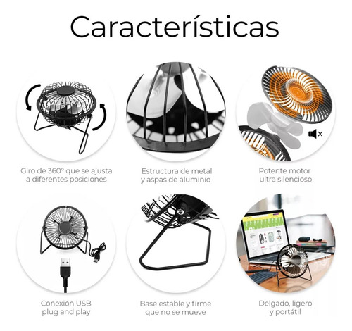Ventilador Usb Metálico Para Hogar Mini Escritorio 10 Cm 60 Negro Plateado Metal 4
