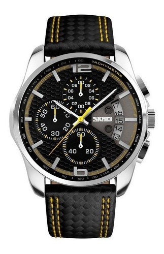 Reloj pulsera Skmei 9106 con correa de cuero color negro/amarillo - fondo negro