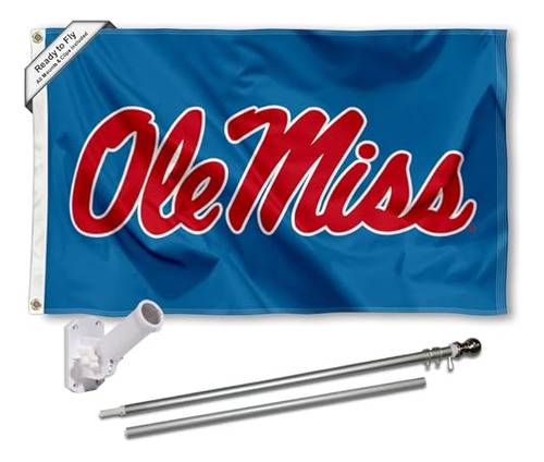 Ole Miss Powder Blue Flag With Pole And Bracket Complet...