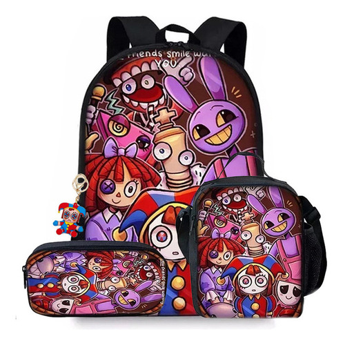 New Juego 3 Mochilas Escolares Magical Digital Circus,con Llavero