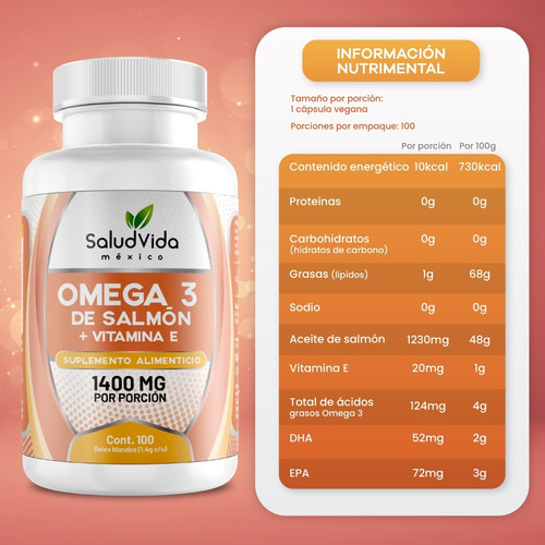 Imagen 2 de 3 de Omega 3 De Salmón Con Vitamina E - 100 Cápsulas 1400mg
