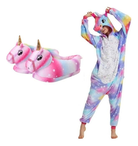 Pijama Y Disfraz Unicornio Enteritos + Pantuflas Regalo Mama