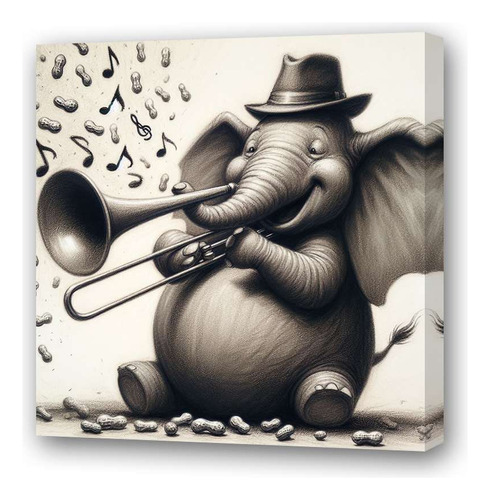 Cuadro 20x20cm Elefante Tocando Trombón Jazz Musica M3