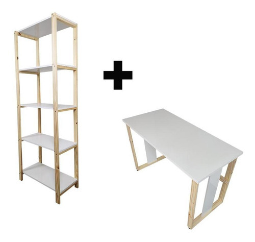 Mesa de estudio y estantería para oficina en casa con estantes de madera blancos