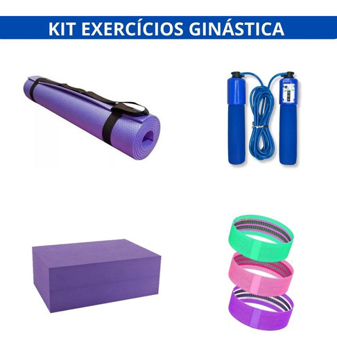 Kit 4 Pçs Tapete Yoga Bloco Eva Cordinha Pular Fita Elastica Cor Lilás