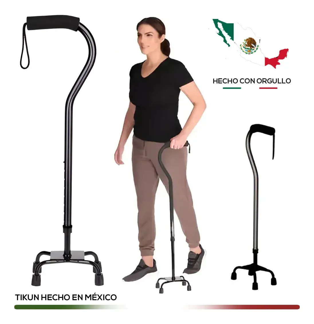 Bastón Ortopédico Para Caminar De 4 Apoyos Cuello De Ganso Ajustable De Aluminio Para Adulto Modelo B14 Color Negro Tikun Hecho En México