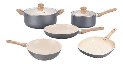 Imagen 1 de 10 de Set De Cocina Hudson Gris Con Antiadherente 7 Piezas