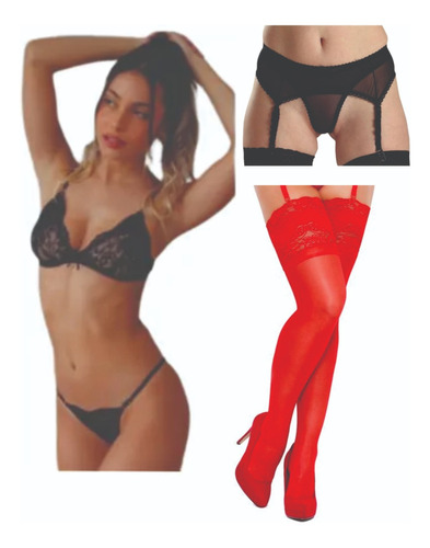 Conjunto Sexy Corpiño Y Cola Less+ Portaligas + Medias Combo