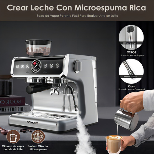 Cafeteira expresso com batedor de leite e moedor de café, para café expresso e cappuccino com leite, reservatório de água removível de 2,8 L, 20 bar, 1450 W