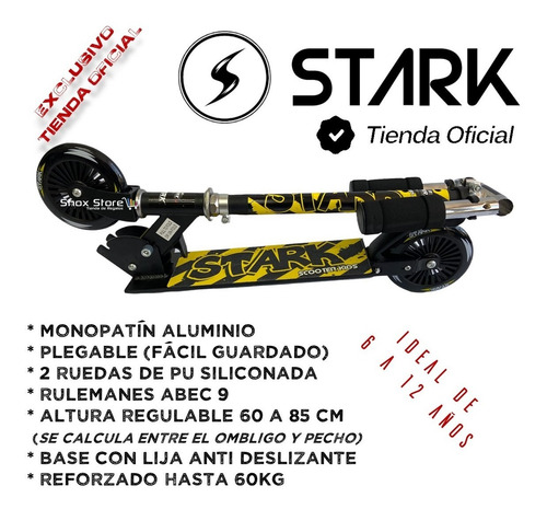 Imagen 2 de 7 de Monopatín 2 Ruedas Stark Aluminio Regulable Reforzado Abec9