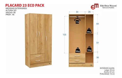 Placard Melamina 3 Puertas Eco Pack 2 Cajones