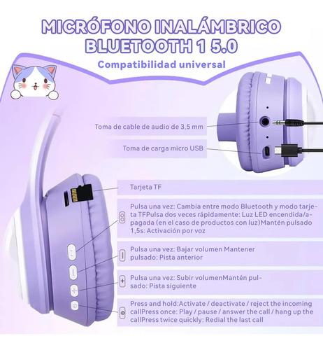 Audifono Oreja De Gato Bluetooth Luz Led Diadema Niño 400mah Color Violeta Audifonos Inalambricos Diadema Auriculares Inalambricos Bluetooth