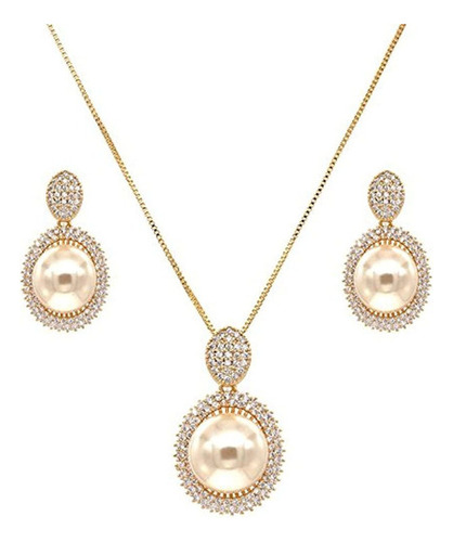 Oval Dangle Jewelry Set Color Crema Collar De Perlas Y Pendi