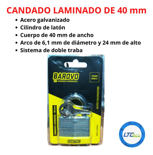 Imagen 2 de 7 de Candado Laminado 40mm Reforzado Barovo Acero Galvanizado