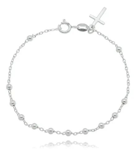 Pulseira Terco Bolinhas Pingente Cruz Prata 925 Unissex
