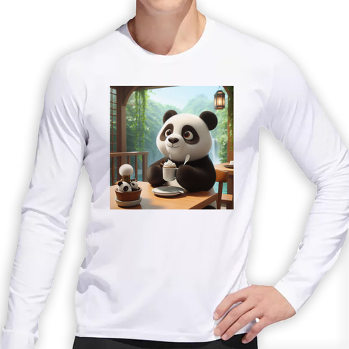 Remera Hombre Ml Panda Contento Con Taza De Cafe Desayuno