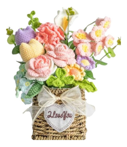 Canasta De 12 Flores Artesanales Crochet