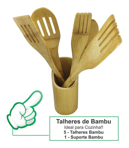 Imagem 2 de 7 de Conjunto Talheres Bambu 6 Peças Pau Colher Garfo Espatulas