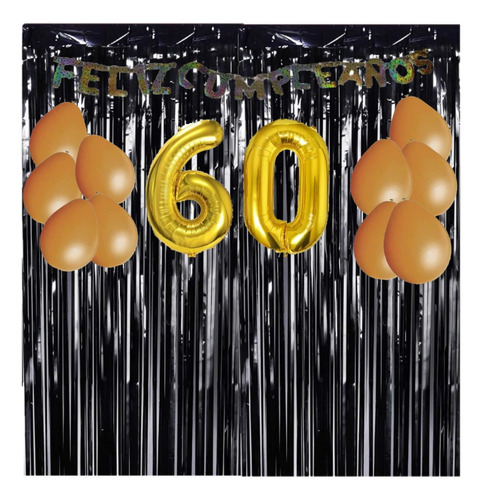 Kit Decoración Cumpleaños - 60 Años - Negro Y Dorado