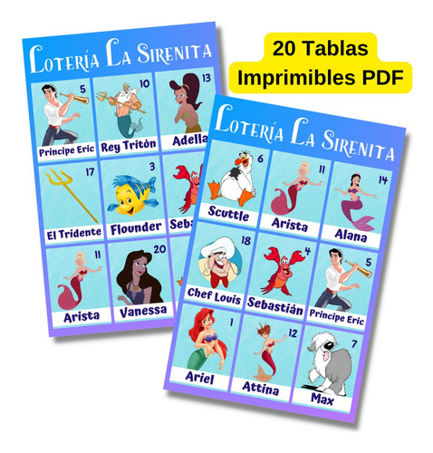 Juego Loteria Imprimible La Sirenita Fiesta Cumpleaños Pdf