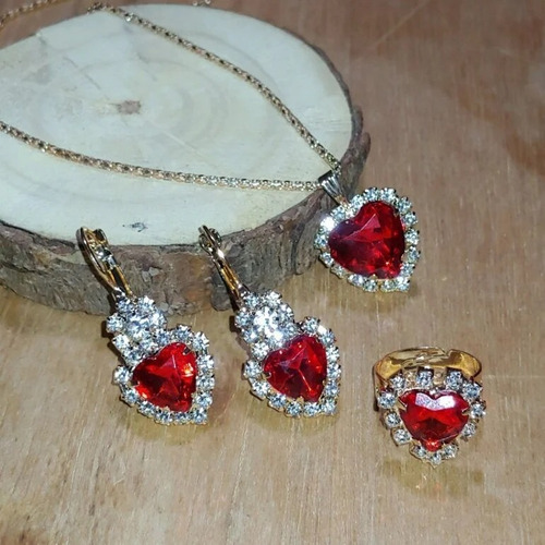 Dije Anillo Aretes Conjunto Gargantilla Rojo Dorado