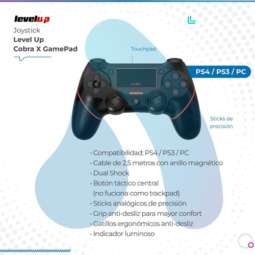 Imagen 2 de 9 de Joystick Level Up Cobrax Gamepad Rojo Compatible Ps4/ps3/pc