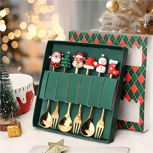 Juego De 6 Tenedores Y Cucharas Navideños, Vajilla Creativa