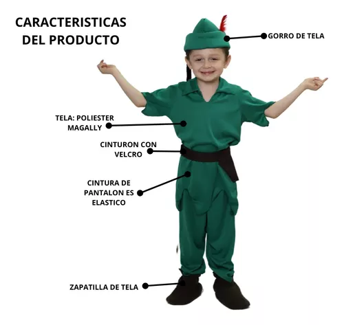 Disfraz infantil de Peter Pan, fibra sintética, incluye gorro, camisa,  pantalón, cinturón y cubrebotas, carnaval, halloween, cos