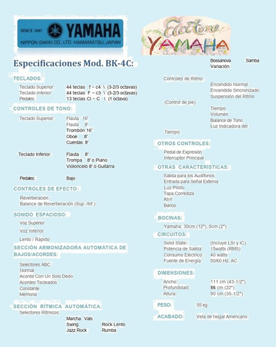 Imagen 6 de 7 de Órgano Electrónico Yamaha Mod. Bk-4c