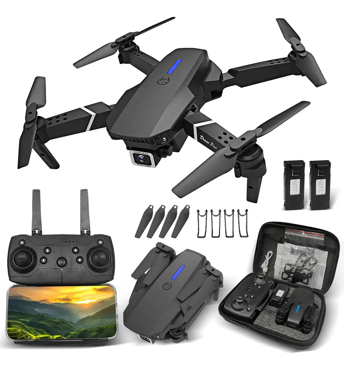 Mini Drone E88 Pro Com Câmera Dupla Wifi Com Case 2 Baterias + Ligenai Jozy Mini Controle Remoto Drone 2.4 Ghz