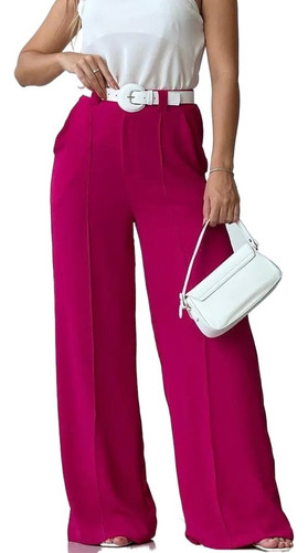 Pantalon De Vestir Mujer Oficina Color Sólido Ancha Pierna