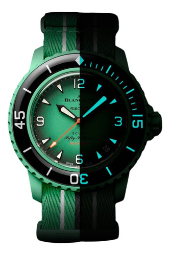 Reloj Swatch X Blancpain Océano Indico Edicion Especial Correa Verde Bisel Negro Fondo Verde