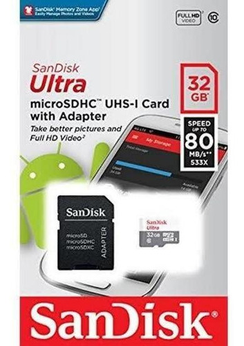Cartáo Micro Sd Ultra 32gb Classe 10 Sandisk 80 Mbs Original