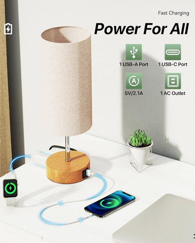 Lámpara De Mesita De Noche Con Control Táctil, Puertos De Ca