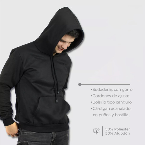Sudadera Hombre Capucha Gorro Y Cierre Colores - Negro