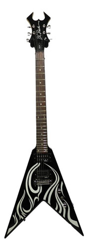 Guitarra eléctrica B.C. Rich Metal Masters Series Kerry King V firebird de tilo black with white tribal fire graphic brillante con diapasón de palo de rosa