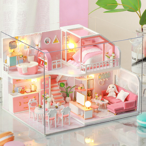 Casa De Muñecas En Miniatura De Bricolaje Con Muebles Y Luce