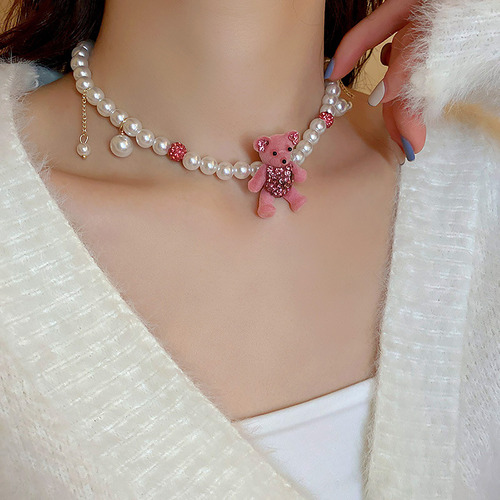 Collar De Perlas Artificiales Con Forma De Oso Flocado De Di