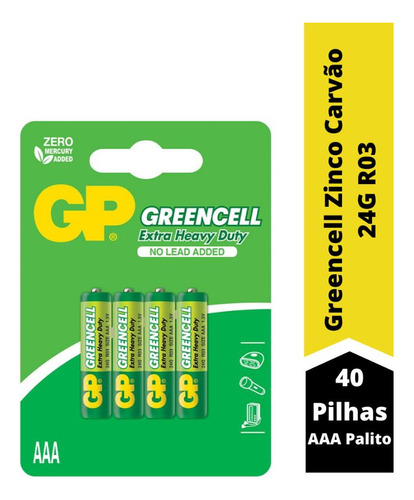 40 Pilhas Aaa Palito Gp Greencell Zinco 24g R03 Cartela C/ 4