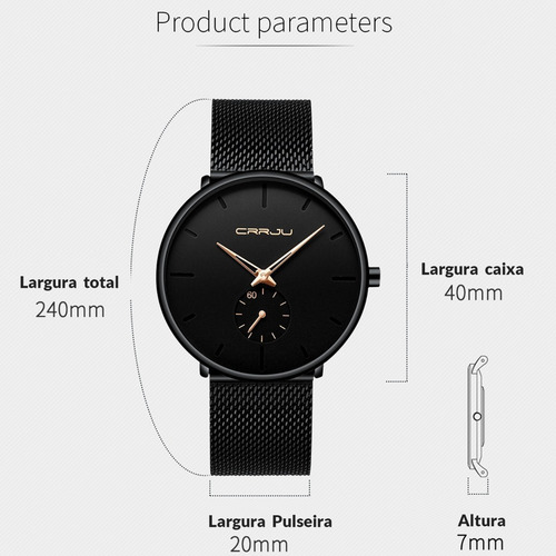 Relógio Masculino Com Pulseira Preta A Prova D'água Crrju