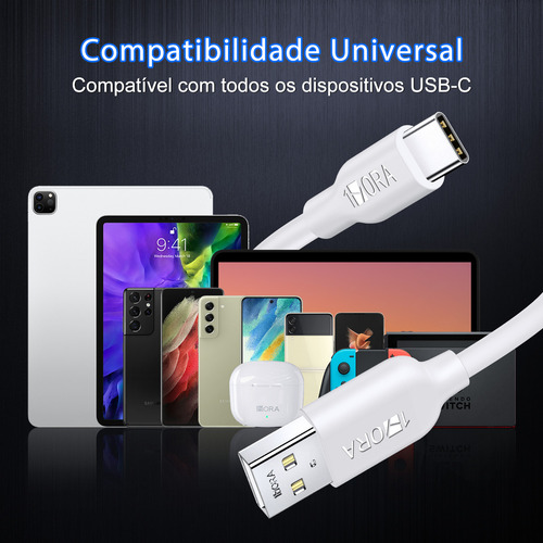 Cabo Carregamento/dados Usb 2.0 A/c 3a 1m Branco 1hora
