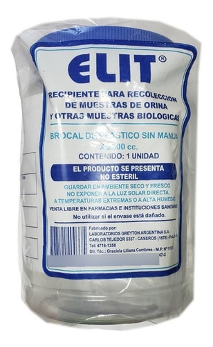 Imagen 1 de 2 de Frasco Brocal 24hs Muestra De Orina Completa 2,5 Lts