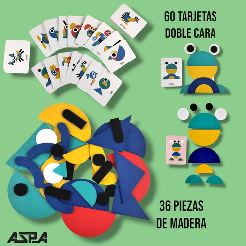 Rompecabezas Educativo D Madera Tipo Tangram Con 60 Tarjetas
