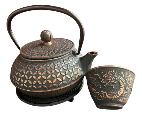 Tetera Hierro Sakura+posa Tetera+1cuenco Enlozado Infusor Negro Con Cobre