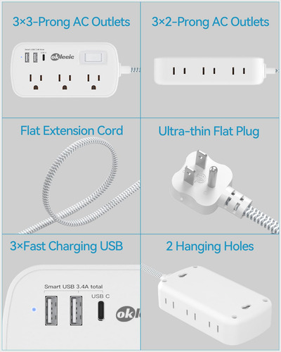 Cable De Extensión Power Strip, Protector Contra Sobretensio
