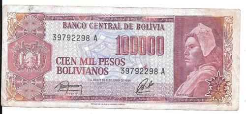 Liquido Billete De Bolivia.  100.000 Bolivianos 1984