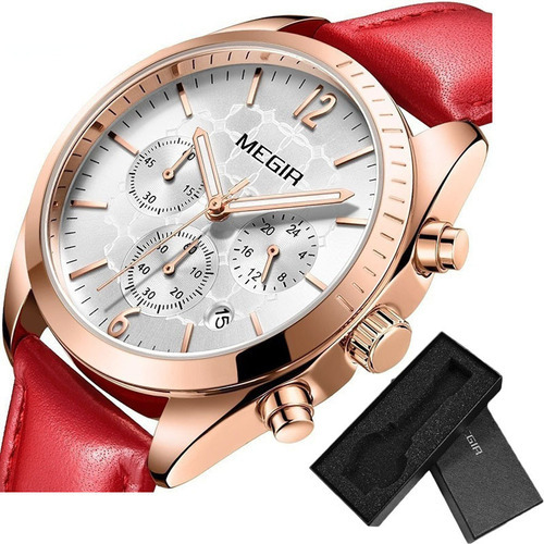 Relojes De Calendario Megir Leather Fashion Para Mujer Color De La Correa Rojo