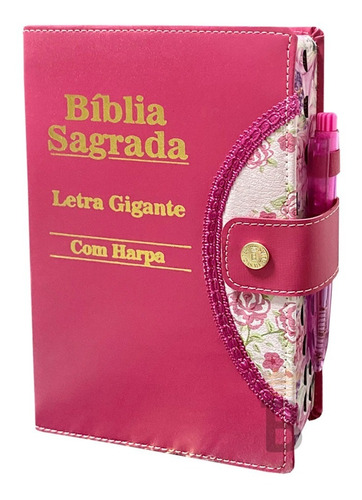 Bíblia Sagrada Letra Gigante Harpa Pink Botão E Caneta