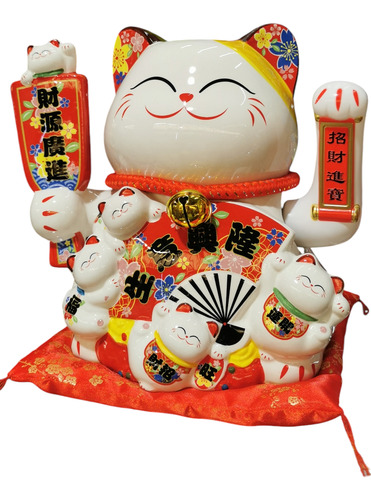 Gato De La Suerte Y Abundancia Maneki Neko Cerámica Blanco